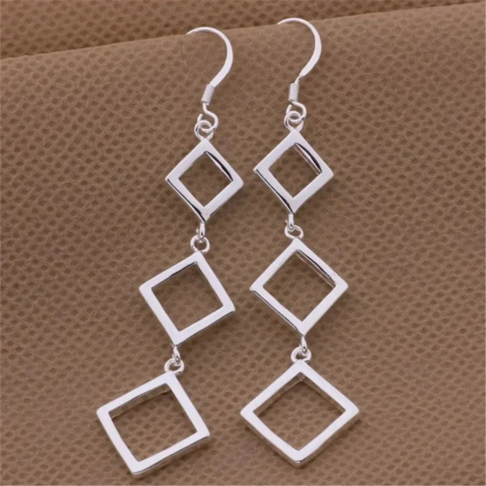 Gorgeous Hypoallergenic Hanging Squares 925 Sterling Silver 3 Inch Long Earrings - Picture 5 of 6